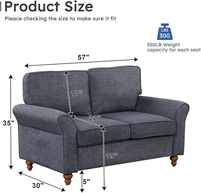EBELLO Modern Linen Fabric Loveseat Sofa Upholstered 2-seat Sofa Couch Wood Frame and Sturdy Legs for Living Room Bedroom Office Dark Blue
