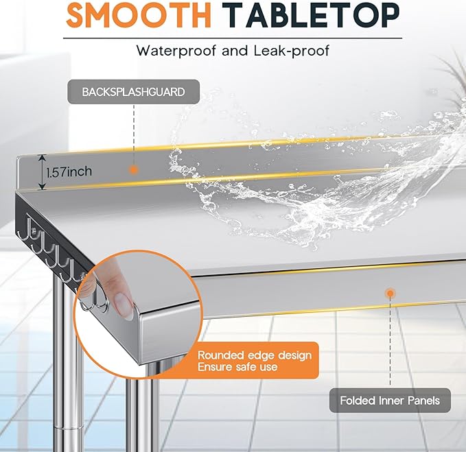 Jocisland 30 x 82 Stainless Steel Table for Prep &amp Work NSF Certified with Backsplash Adjustable Under Shelf &amp Safe Design for Restaurant Home and Outdoor