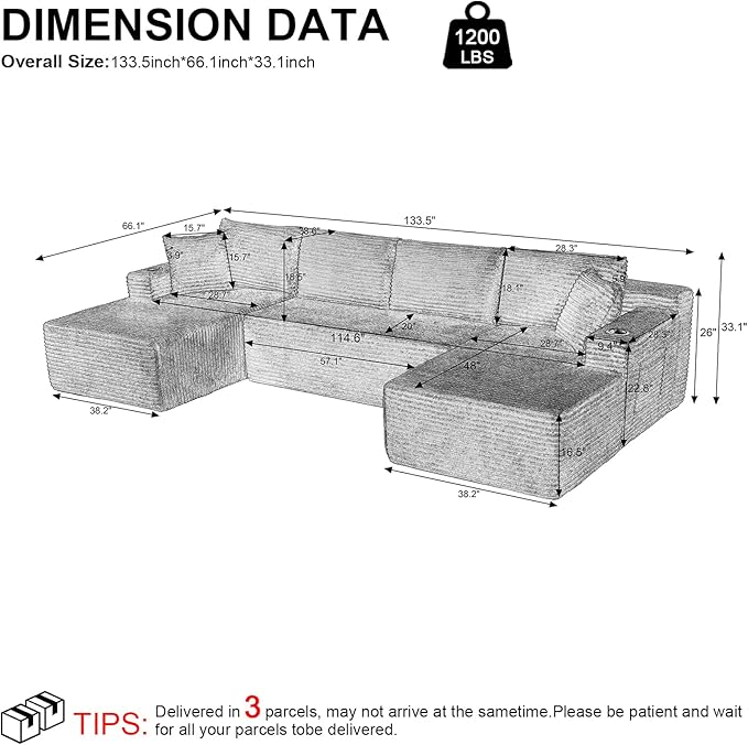 134 Inch U-Shaped Sectional Couch Oversized Modular Corduroy Sofa with Double Chasies 4-Seater Modern Deep Seat Boneless Cloud Couch for Living Room No Assembly Required Light Gray
