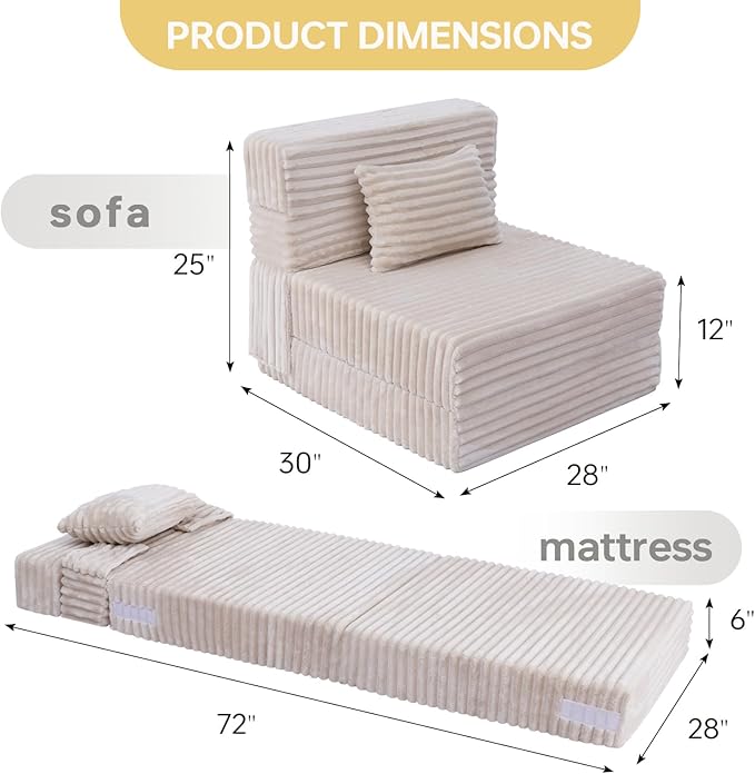 Folding Sofa Bed Single Convertible Futon Chair Bed with Pillow Folding Sofa Sleeper Chair Fold Out Couch Comfortable Foam Floor Couch for Living Room Bedroom Dorm Guest Room Beige