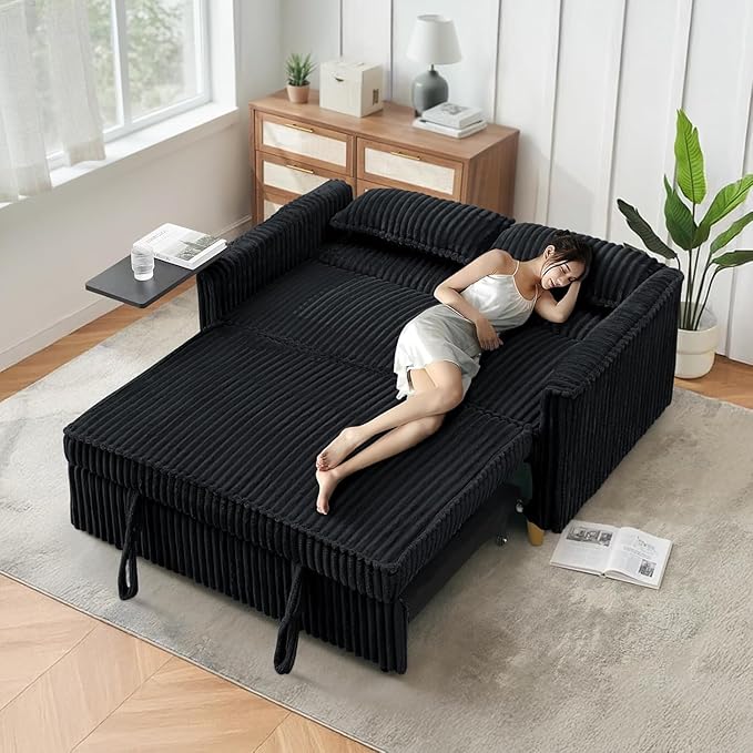 54'' Corduroy 3-in-1 Convertible Sofa Bed Pull Out Sleeper Loveseat Couch with USB Ports &amp Storage Pockets Futon Couches for Small Space Living Room Apartment (Black New)