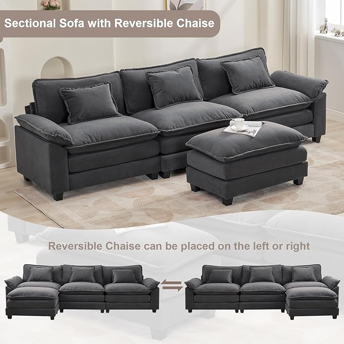 Modular Sectional Sofa Cloud Couch with Ottoman Deep Seat L Shaped Velvet Sofa Couches for Living Room Apartment (Dark Grey L Shaped-3 Seat &amp Ottoman)