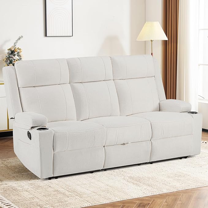 Reclining Sofa CouchLoveseat Recliner Sofa with Drop Down Table/ 4 Cup Holder/Hidden Storage Wall Hugger Recliner Sofa for Living Room &amp Home Theater &amp RV(Beige)