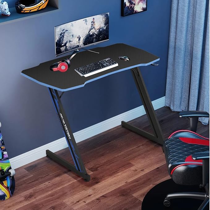 35 Inch Gaming Computer Desk with Headphone Hook Z-Shaped PC Gaming Table Home Office Desks Gaming Desk for Small Places Carbon Fiber Surface Simple Installation Black