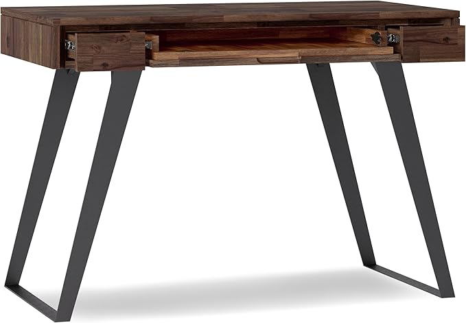 SIMPLIHOME Lowry Small Desk - 44 Inch Wide Solid Acacia Wood and Metal Writing Desk in Distressed Charcoal Brown Modern Industrial Home Office Table with 2 Drawers and Flip-Down Keyboard Tray