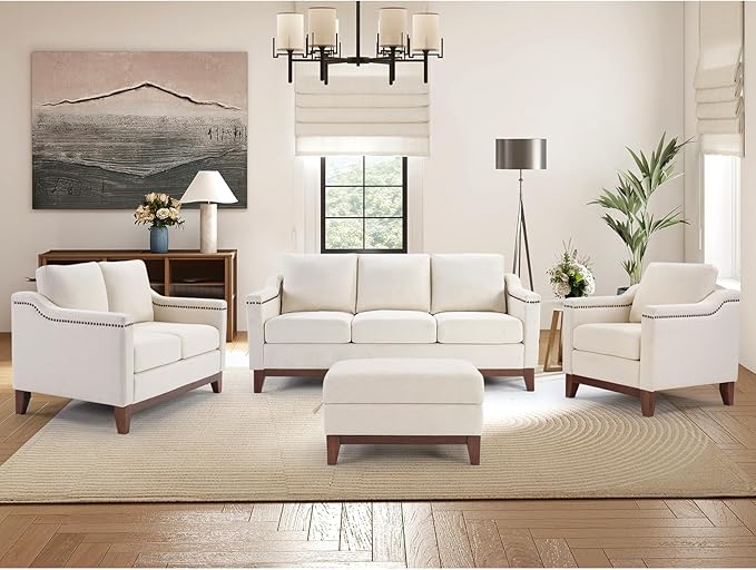 4-Piece Living Room Sofa Set with Coffee Table Vintage Rivet Couch Sets with Solid Wood Legs Sofas Furniture of Ottoman with Storage Space Armchair Loveseat and 3-Seat Sofa Beige