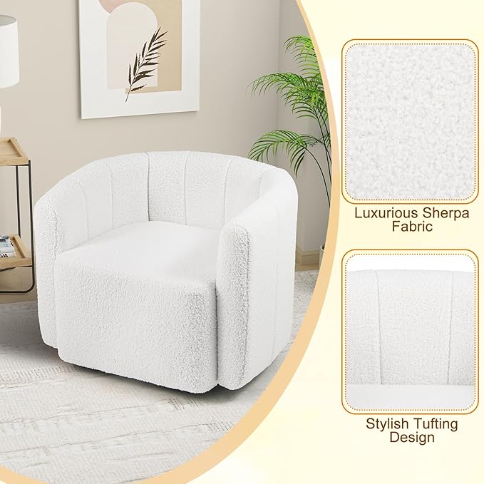 Giantex 360° Swivel Accent Chair - Sherpa Upholstered Boucle Barrel Club Chair with Padded Armrests Modern Round Arm Chair for Reading Living Room Bedroom Office White Teddy