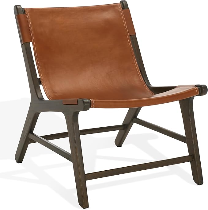 SAFAVIEH Couture Collection - Alanarose Walnut Brown Solid Teak Wood Accent Chair Modern Sling Style Leather Seat Fully Assembled (SFV1903B)