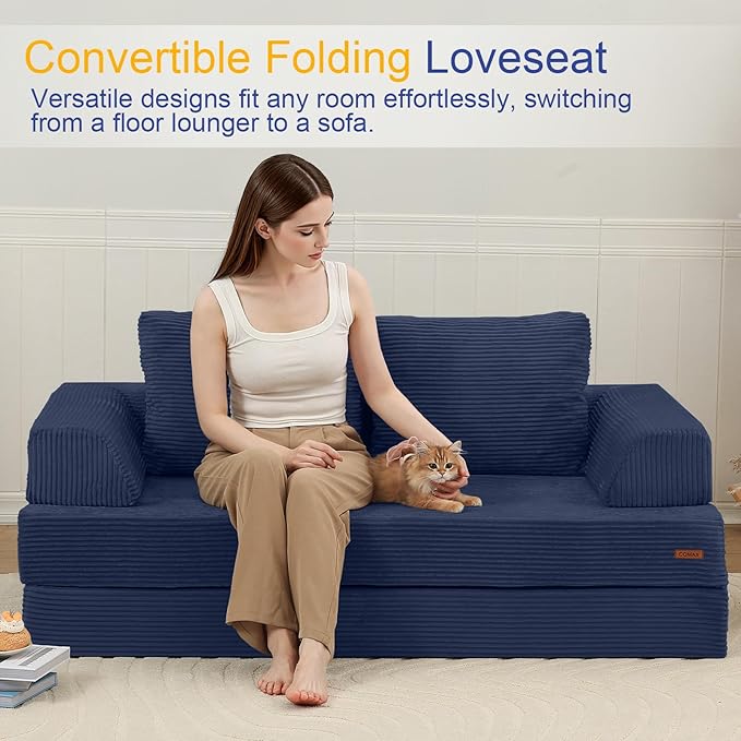 COMAX Convertible Sofa Bed Folding Floor Couch Corduroy Fold Out Couch Bed Futon Sleeper Mattress with Pillows Boneless Sofa Comfy Lounge Loveseat for Living Room Bedroom Navy