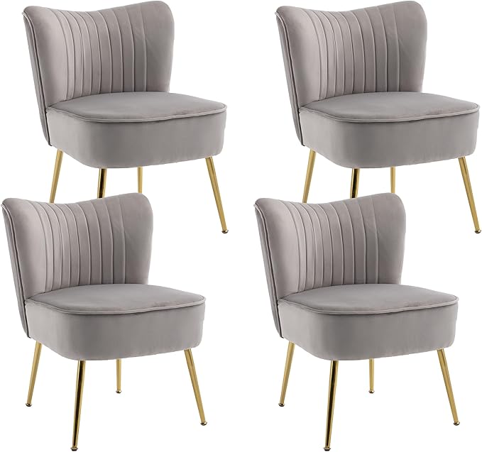 KCC Modern Velvet Upholstered Accent Chair Set of 4Mid Century Living Room Chairs with Golden LegsComfy Armless Chair Wingback Single Sofa Side Chair for BedroomLight Gray