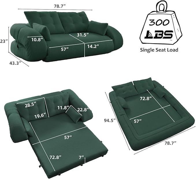 Folding Sofa Bed3-in-1DIY Convertible Sleeper SofaTeddy Velvet Couch with ArmrestFoldable Mattress with Back SupportFoldable Lazy Sofabed 78.7 Human Dog Bed for Living Room BedroomGreen