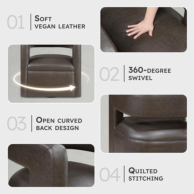 Lexicon 360 Degree Swivel Accent Chair Upholstered Modern Faux Leather Swivel Barrel Chair Attached Cushion Comfy Round Open Back for Living Room/Bedroom/Office/Apartment Assembled Dark Coffee
