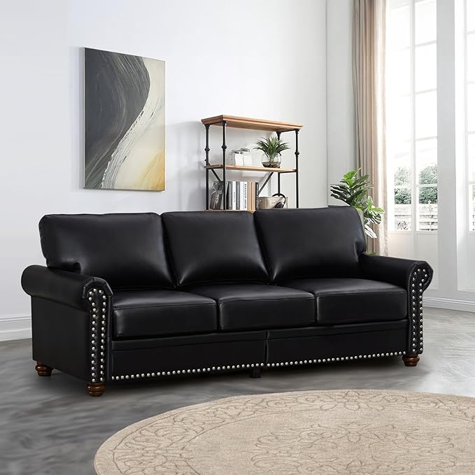 3 Piece Faux Leather Sofa SetMid Century Modern Couch and Loveseat Sets with StorageComfy Deep Seat Sofa with Nailhead Trim &amp Rolled Arm for Living RoomOffice(Armchair+Loveseat+3 SeaterBlack)