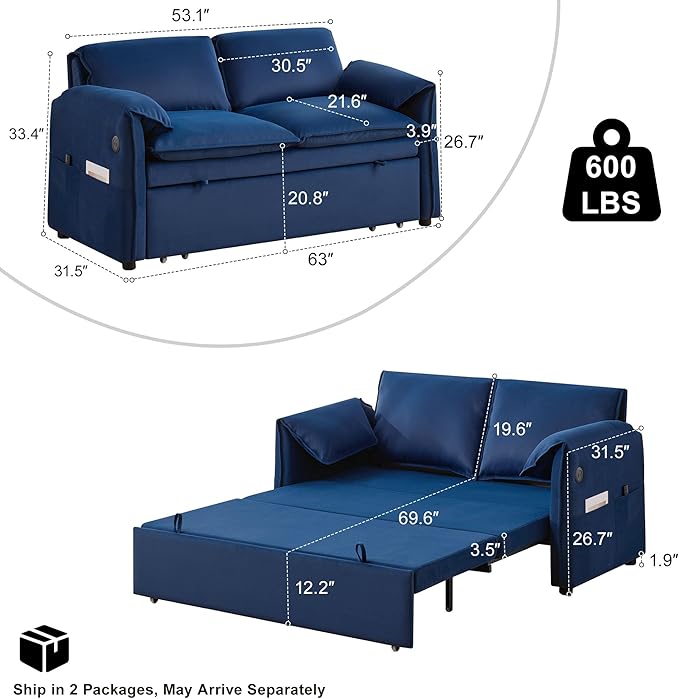 63 Velvet Pull Out Sofa Bed 3-in-1 Convertible Futon Loveseat Queen Sleeper Sofa Couch Bed with Adjustable Backrest USB Ports &amp Side Pockets Modern Sofas for Living Room Apartment Blue