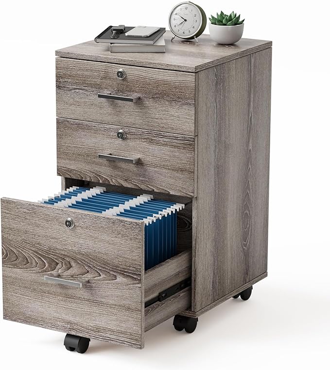 VINGLI 3-Drawer File Cabinet with Lock Wood Rolling Filing Cabinets for Home Office Mobile Printer Stand Under Desk File Organizer for Letter Sized Files 26 H(Caster Included)Gray Oak