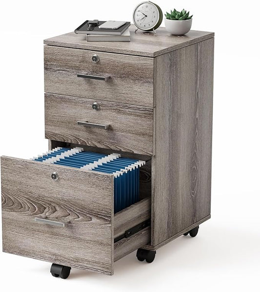 VINGLI 3-Drawer File Cabinet with Lock Wood Rolling Filing Cabinets for Home Office Mobile Printer Stand Under Desk File Organizer for Letter Sized Files 26 H(Caster Included)Gray Oak