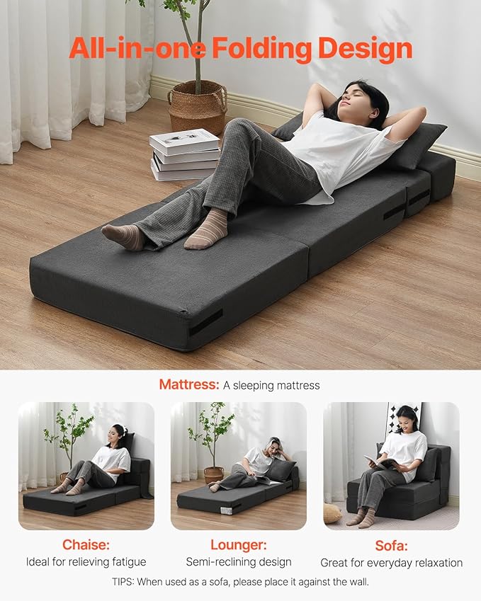 VEVOR Folding Sofa Bed 3-in-1 Foldable Couch Bed with 2 Pillows and Washable Cover 25D High Density Memory Foam Convertible Sleeper Chair Bed Futon Couch for Living Room Bedroom Dark Grey(Single)