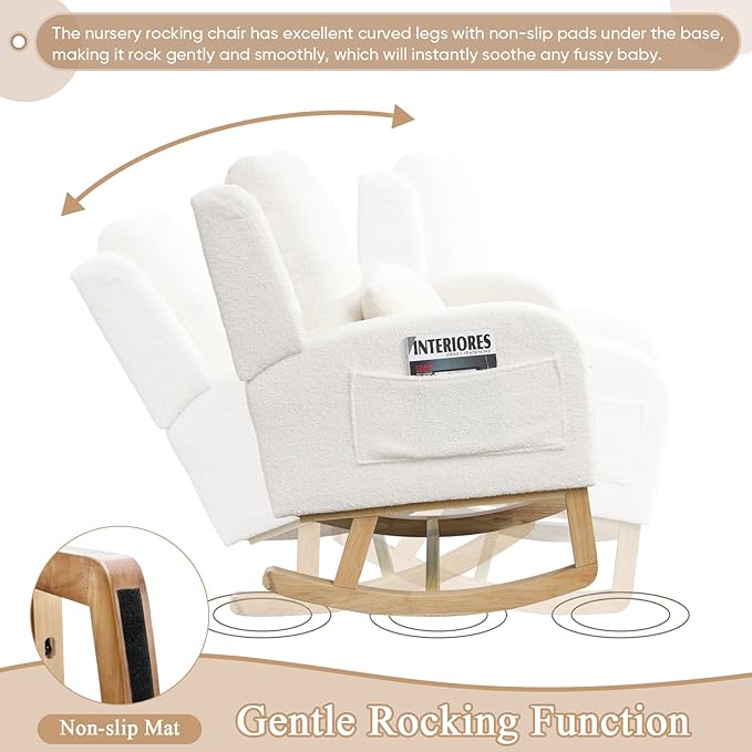 Antetek Rocking Glider Chair for Nursery Wingback Accent Rocker Chair Upholstered Tall Back Arm Chair w/Side Pockets Modern Leisure Single Sofa for Living Room Hotel Bedroom Baby Room Cream