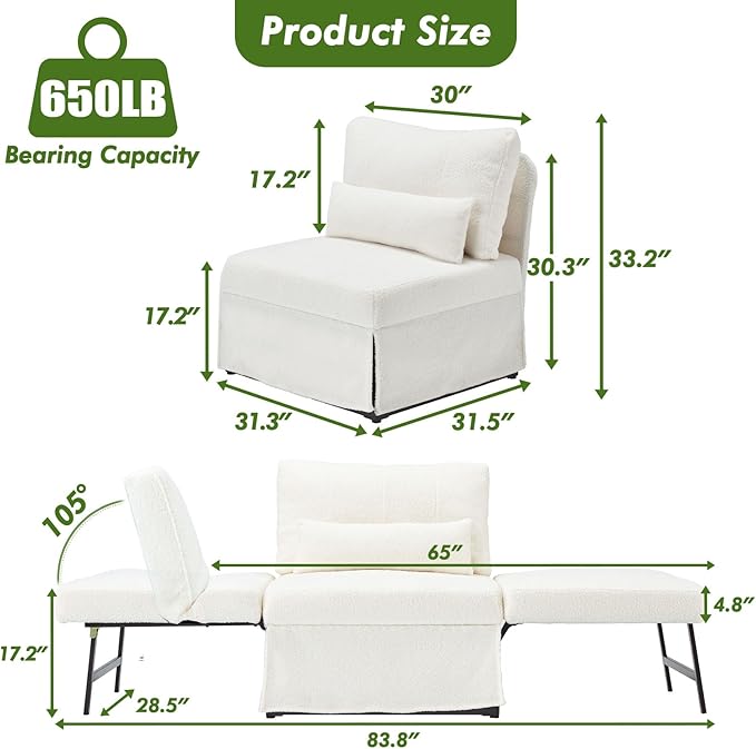 Sleeper Chair Bed Upgrade 4-in-1 to 5-in-1 Convertible Multi-fuction Sofa Chair w/Adjustable Backrest Assembly-Free Linen Folding Sofa Ottoman Bed for Living Room Apartment (Wool White)