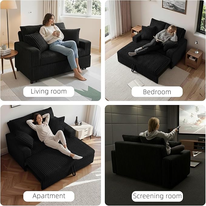 3 in 1 Convertible Sofa Bed52.8 Pull Out Couch with 2 Pillows and Side PocketsModern Corduroy Fabric Sleeper Loveseat with Adjustable Backrest for Living Room Bedroom Apartment (Black Corduroy)