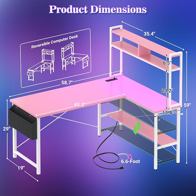 Aheaplus L Shaped Desk Gaming Desk 59 L Shaped Computer Desk with LED Light &amp Power Outlet Reversible Home Office Desk Gamer Desks with Shelves &amp Storage Bag &amp Hooks Corner PC Desk Pi