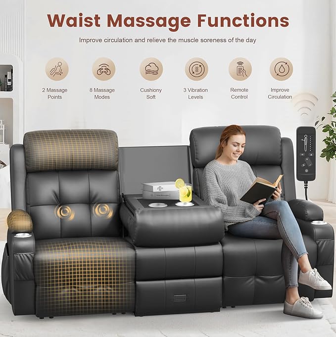 Recliner Sofa Massage Reclining Sofa 3 Seater Sets Heavy Weight Capacity RV Loveseat Couch Clearance with Flip Back Console Storage Cup Holders Wall Hugger Reclining Couch for Living Room