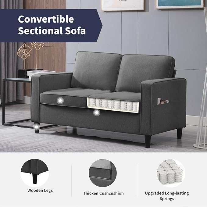 54.7 Loveseat Sofa for Small Spaces 2 Seat Modern Fabric Love Seat Mini Couch With Armrest Pockets Living Room Furniture Dark Grey