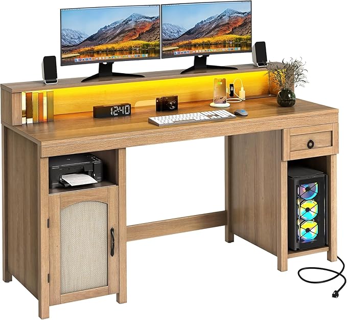 DWVO Farmhouse Office Desk with Drawer &amp Power Outlets Rattan Computer Desk w/LED Strip &amp Monitor Stand for Bedchamber Study Home Office Table w/Storage Cabinet for Working Writing Gaming (O
