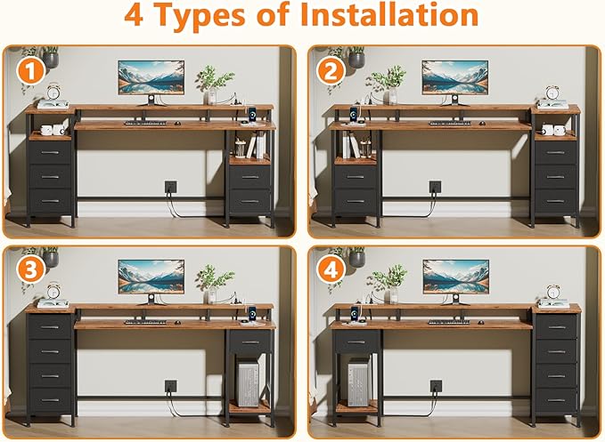 61 Inch Gaming Desk with Power Outlets and LED Lights Reversible Computer Desk with 5 Fabric Storage Drawers Home Office Desk with Monitor Stand for Working Writing Study Rustic Brown