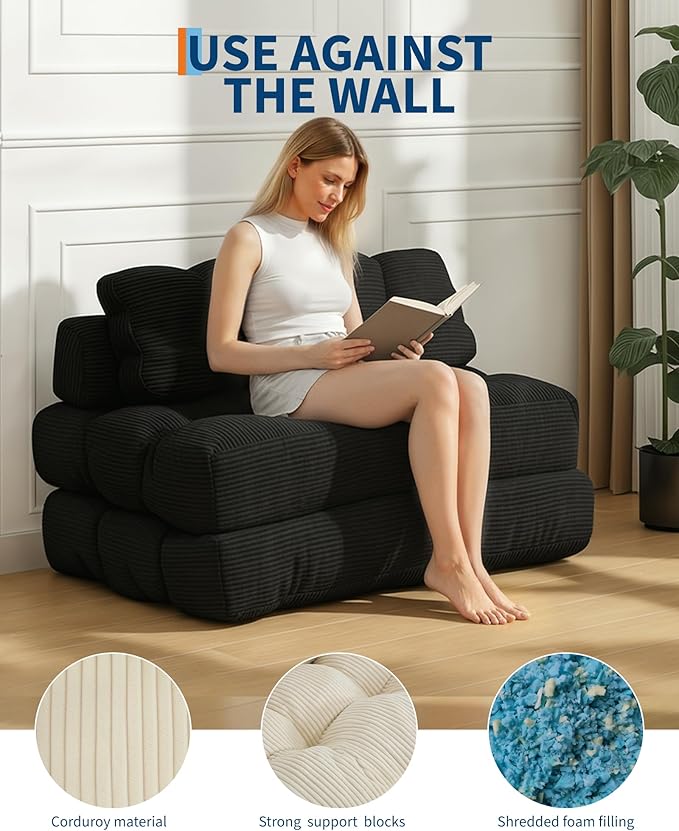 3-in-1 Folding Sofa Bed Convertible Single Futon Couch Bed with Back Support and Pillow Portable Fold-Out Chair Bed for Living Room and Bedroom Lounge