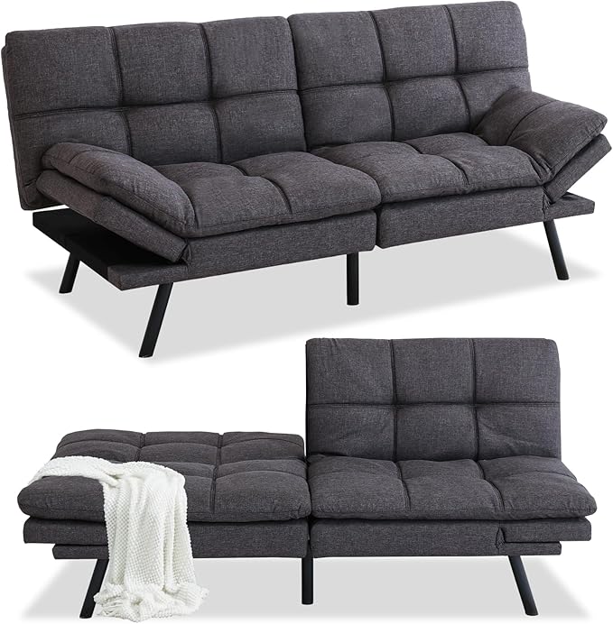 Opoiar Futon Sofa Bed Modern Memory Foam Sleeper Sofa Convertible Grey Couch Adjustable Armrest&ampBackrest Leather Futon for Living SpaceApartmentOffice Sofabed