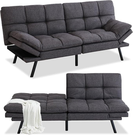 Opoiar Futon Sofa Bed Modern Memory Foam Sleeper Sofa Convertible Grey Couch Adjustable Armrest&ampBackrest Leather Futon for Living SpaceApartmentOffice Sofabed