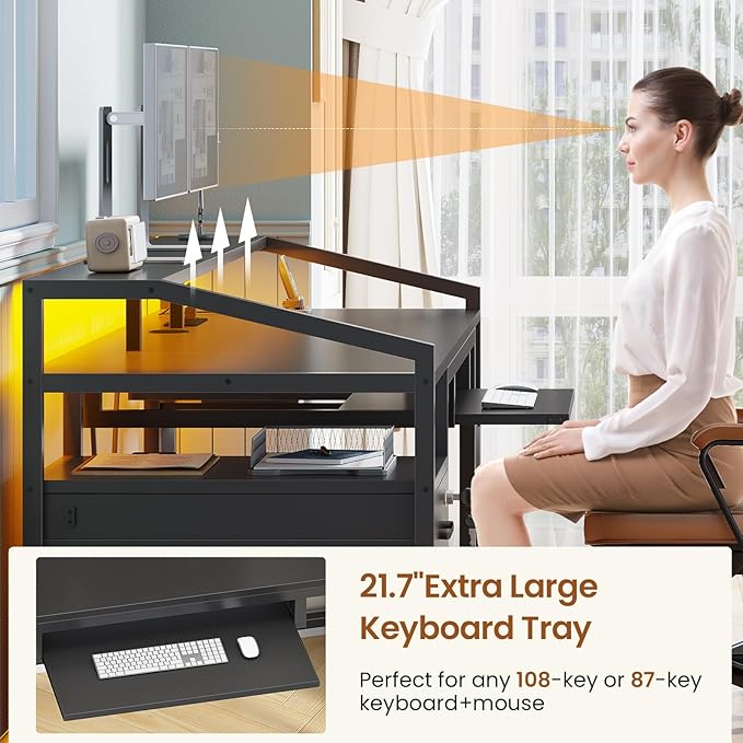 SEDETA 63 Computer Desk Office Desk with Lockable Drawers for Legal/Letter File Gaming Desk with LED Lights &amp Power Outlet Home Office Desks with Storage Black