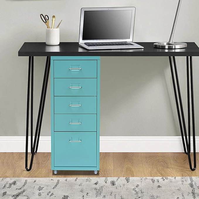 5 Drawer File Storage Cabinet Side Storage Organizer Freestanding Storage Drawer Office Filing Cabinet Stand Rolling Storages Dresser with Wheels11 * 16.1 * 27.1in(Blue)