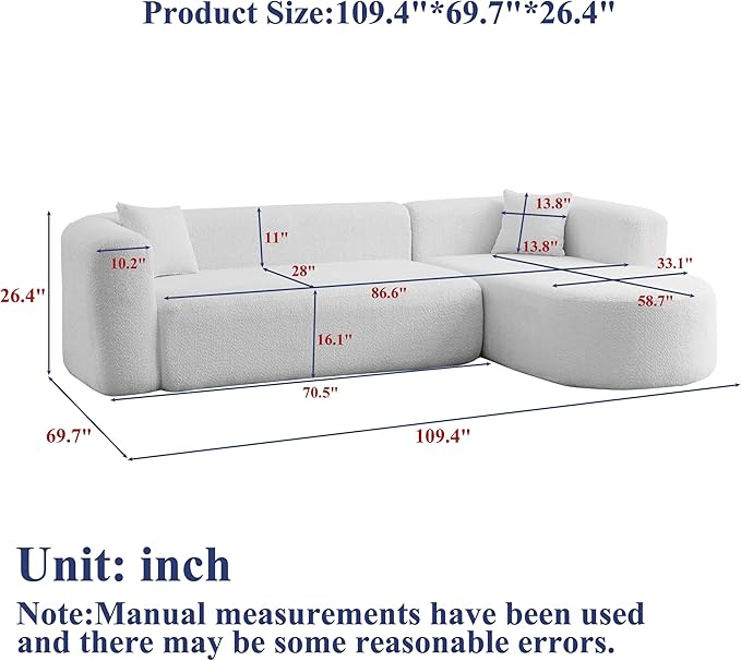 KEIKI 109.4 Curved Sectional Sofa Chenille Cloud Couch with 2 Pillows L-Shape Boneless Right Facing Sofa for Living Room Guest Bedroom Black