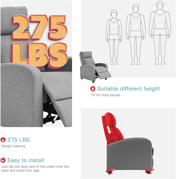 PayLessHere Recliner Chair Single Reclining Sofa Home Theater Seating with Lumbar Support and Padded Backrest for Living Room and Bedroom (Fabric Grey)