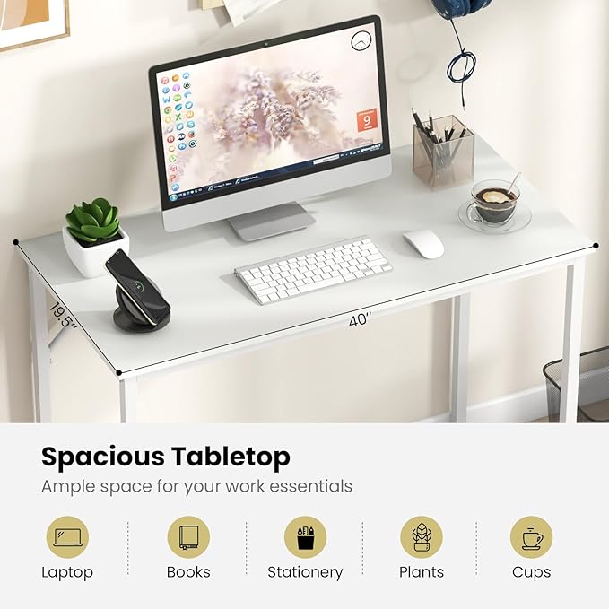 Giantex 40-Inch White Computer Desk Home Office Desk with Heavy-Duty Metal Frame Modern Simple Gaming Table PC Workstation Versatile Small Desk for Bedroom Small Spaces