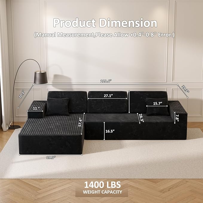 109 L Shaped Cloud Modular Sectional Couch w/Lounge Chaise Plush Corduroy Boneless Couch in a Box Comfy Modern Modular Sectional Sofa for Living Room Bedroom Apartment Corner (Black Left Facing)
