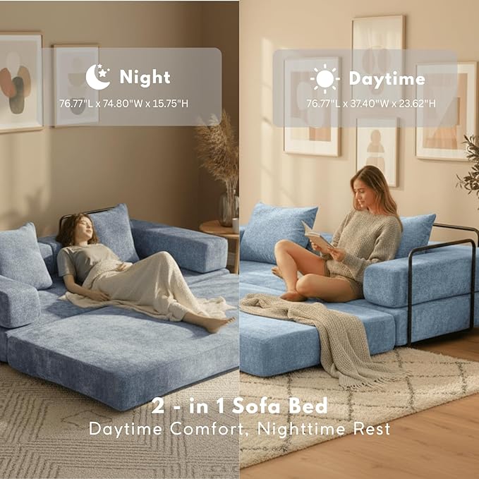 4-in-1 Folding Convertible Sofa Bed 77 Floor Couch with Pillow - Chenille Fabric &amp High-Density Sponge &amp Fixed-Shape Frame Modular Sofa for Living Room/Lounge/Studio Blue