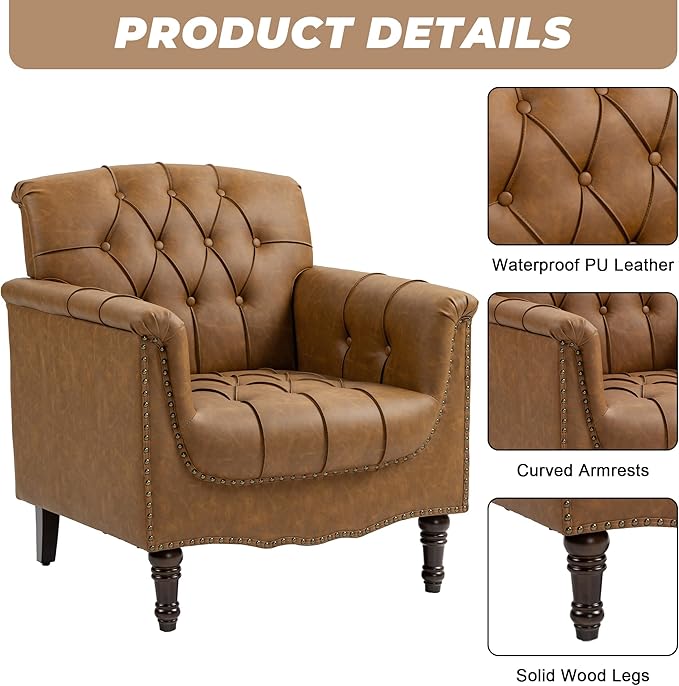 Lumibee Faux Leather Armchair Contemporary Accent Chair with Nailhead Trims &amp Wood Legs for Living Room Upholstered Comfy Arm Chair for OfficeBedroom-Camel
