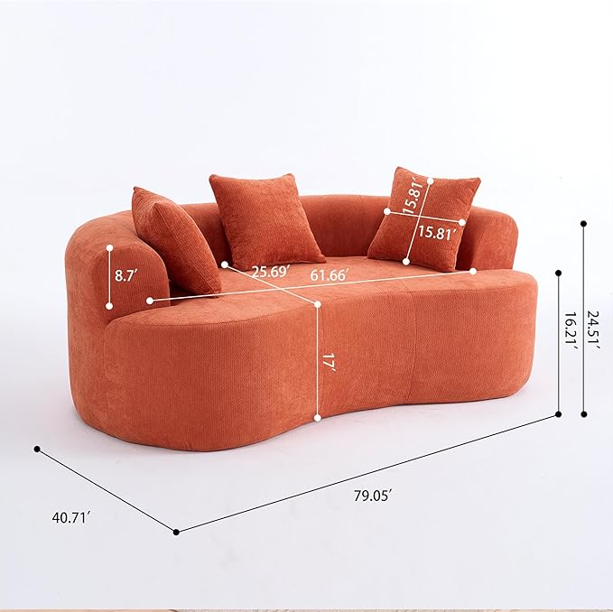 KEIKI 79 Modern Crescent Sofa for Entertainment Rooms Deep-Cushion Low-Back 3-Seater with Self-Inflating Foam No-Assembly Chenille Couch for Movie Nights &amp Gaming Comfort