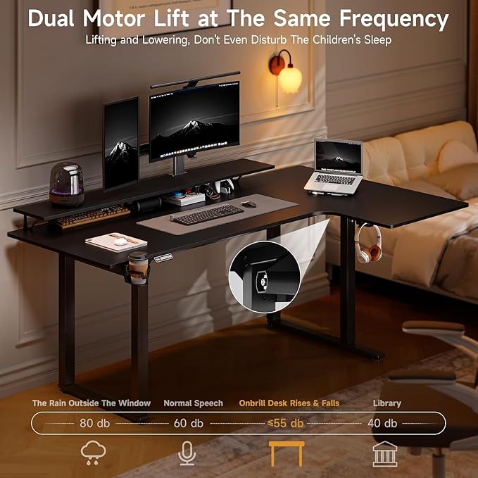 L Shaped Electric Standing Desk 71x43'' Computer Desks with 2 Monitor Shelves Dual Motor and Memory Controller Gaming Corner Desk Adjustable Height from 28-46'' for Home Office Workstation Black