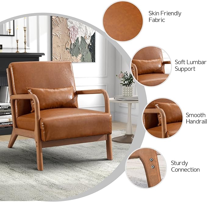 Phoenix Home Upholstered Mid Century Modern Accent Chair Set of 2 Lounge Fabric Living Room Chairs with Solid Wood Frame and Waist Cushion Reading Armchair for Bedroom Brown