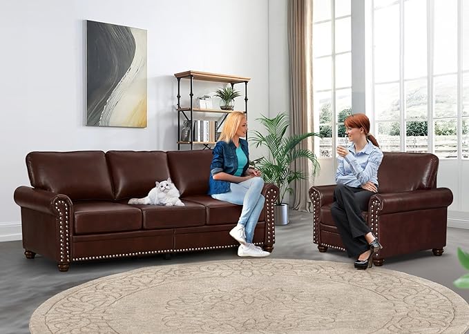 2 Piece Faux Leather Sofa SetModern Chair and Couch Sets with StorageMid Century Couch with Rivet Rolled ArmComfy Deep Seat SofaFurniture for Living RoomOffice(Armchair+3 SeaterBurgundy)