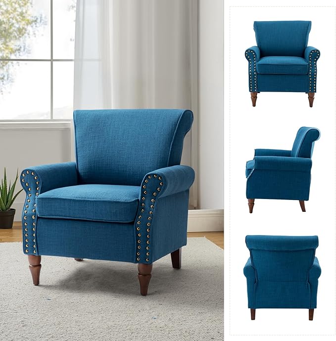 HULALA HOME Accent Chair with Wood Legs &amp Removable Cushion Modern Wingback Armchair with Nailhead Trim Comfy Upholstered Lounge Chair Single Sofa Chairs for Living Room Bedroom Set of 2 Navy