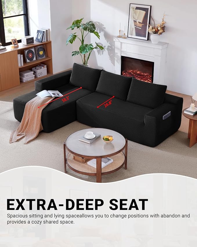 96 Inch Cloud Sectional CouchModern Modular Sectional Sofa with Deep SeatCorduroy Boneless Couches with L-Shape Chaise for Living Room BedroomNo Assembly Required (Black Left Facing Chaise)