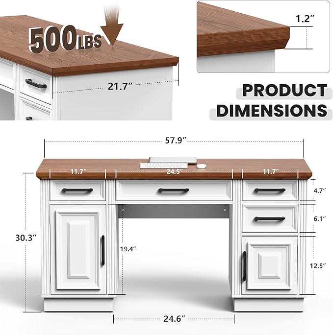 58 Farmhouse Executive Desk Wood Home Office Desk with Drawers Computer Desk with Drawers and Storage Cabinet Workstation for Office Home White