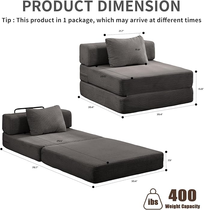 Folding Sofa Bed Convertible Sleeper Chair with Pillow Single Sofa with Back Support Portable Fold Out Chair Cloud Couch Bed Comfy Floor Sofa Lounge for Living Room Bedroom Dark Grey