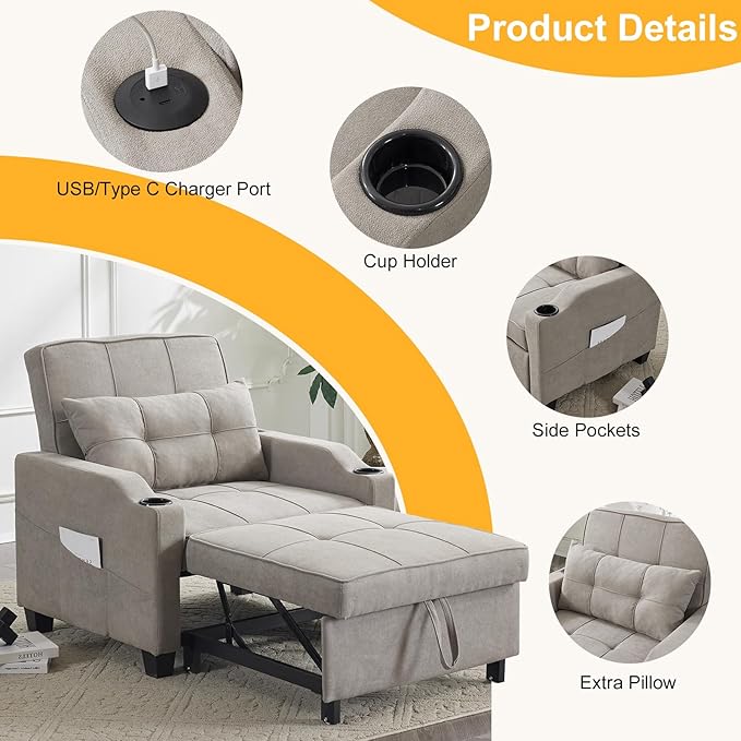 Karl home Sleeper Chair Convertible Sofa Bed with USB/Type C Ports 3-in-1 Pull Out Sofa Bed Adjustable Reading Chair with Cup Holders Linen Light Gray