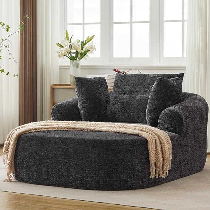 65.7 Oversized Chaise Longue Chair Indoor Modern Upholstered Corduroy Deep Seat Sofa Bed with Throw Pillows and Armrests Sleeper Sofa Couch for Living Room (Black)